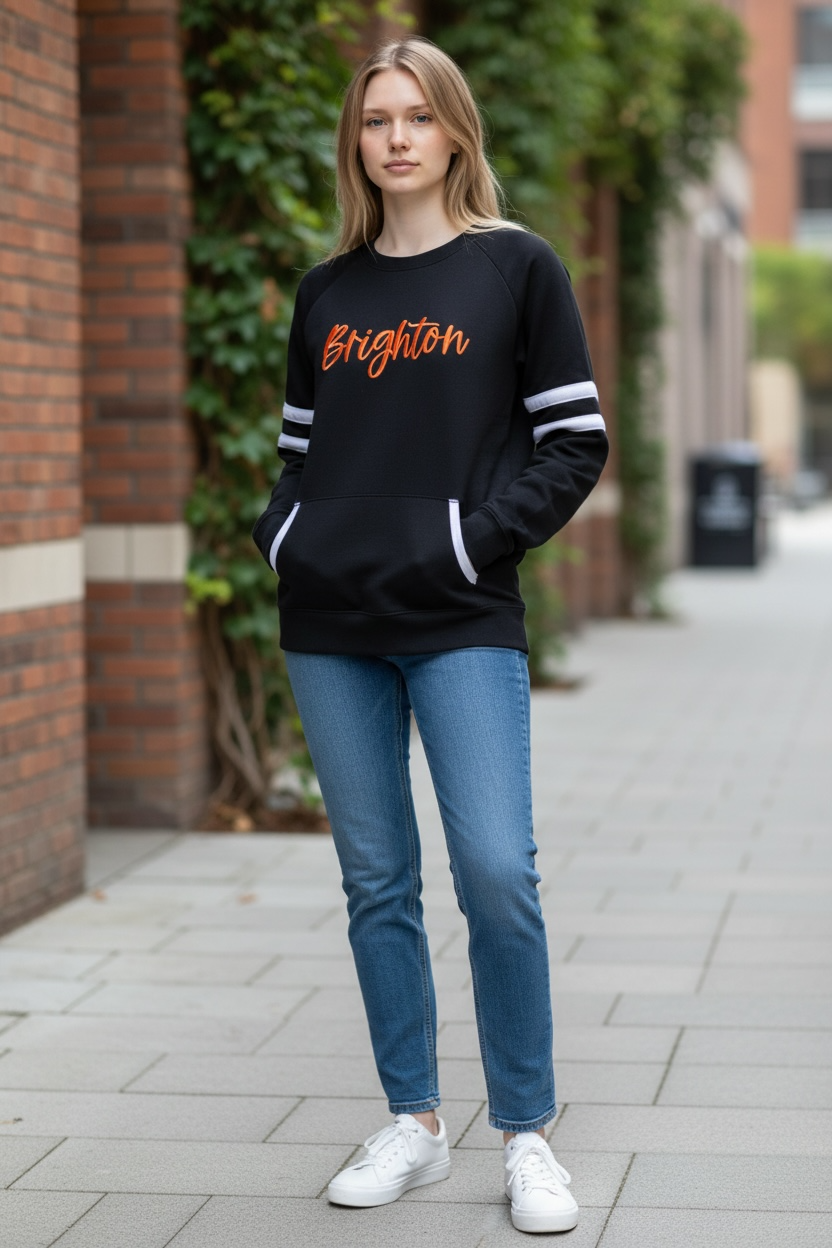 Brighton Puff Embroidered Varsity Striped Crewneck