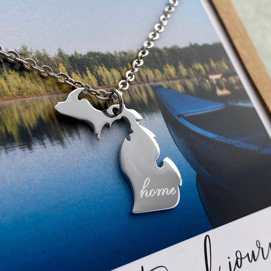 'Home' Engraved Large Michigan Necklace - silver