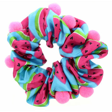 Scrunchie - blue with watermelons & pink pom