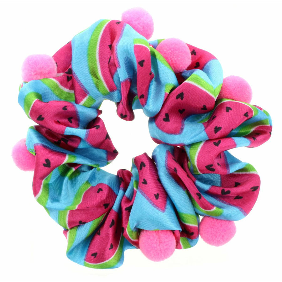 Scrunchie - blue with watermelons & pink pom